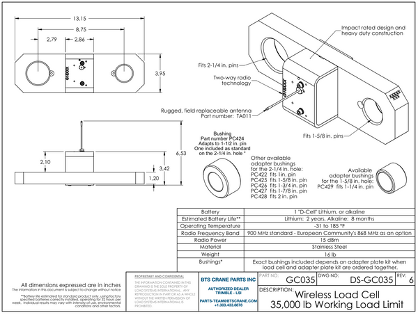 Trimble GC 035-CSA LSI Wireless Load Cell | SALE NOW – BTS Crane Parts ...